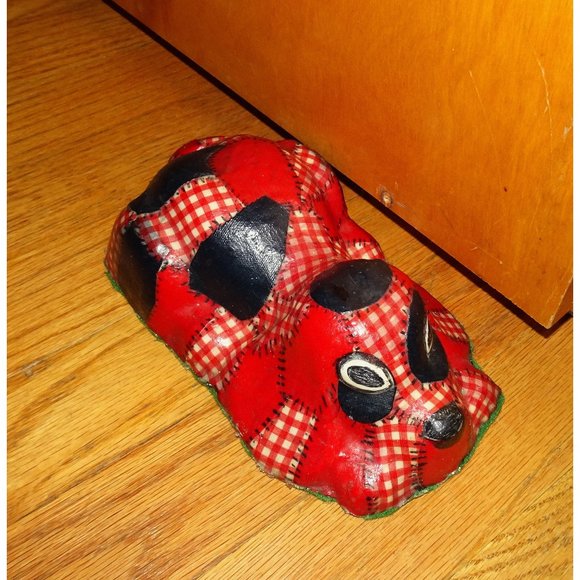 Vintage Red & Black Patchwork Dog Door Stopper decoupage - Picture 1 of 10